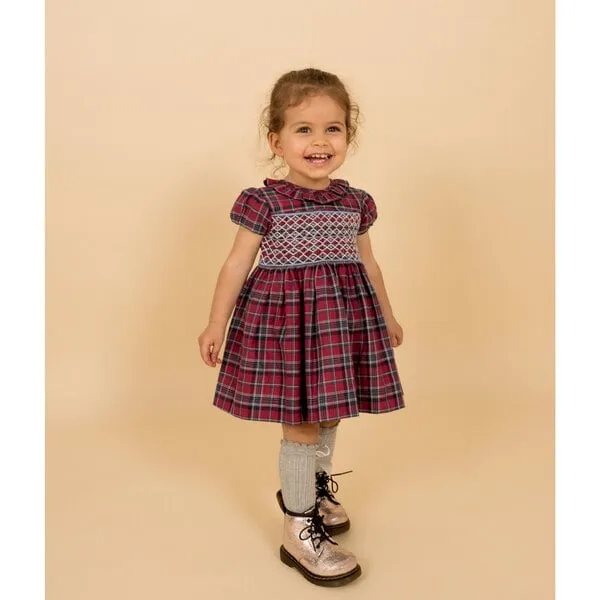 Question Everything Queen’s Park Hand-Smocked Tartan Baby Dress, Red & Blue