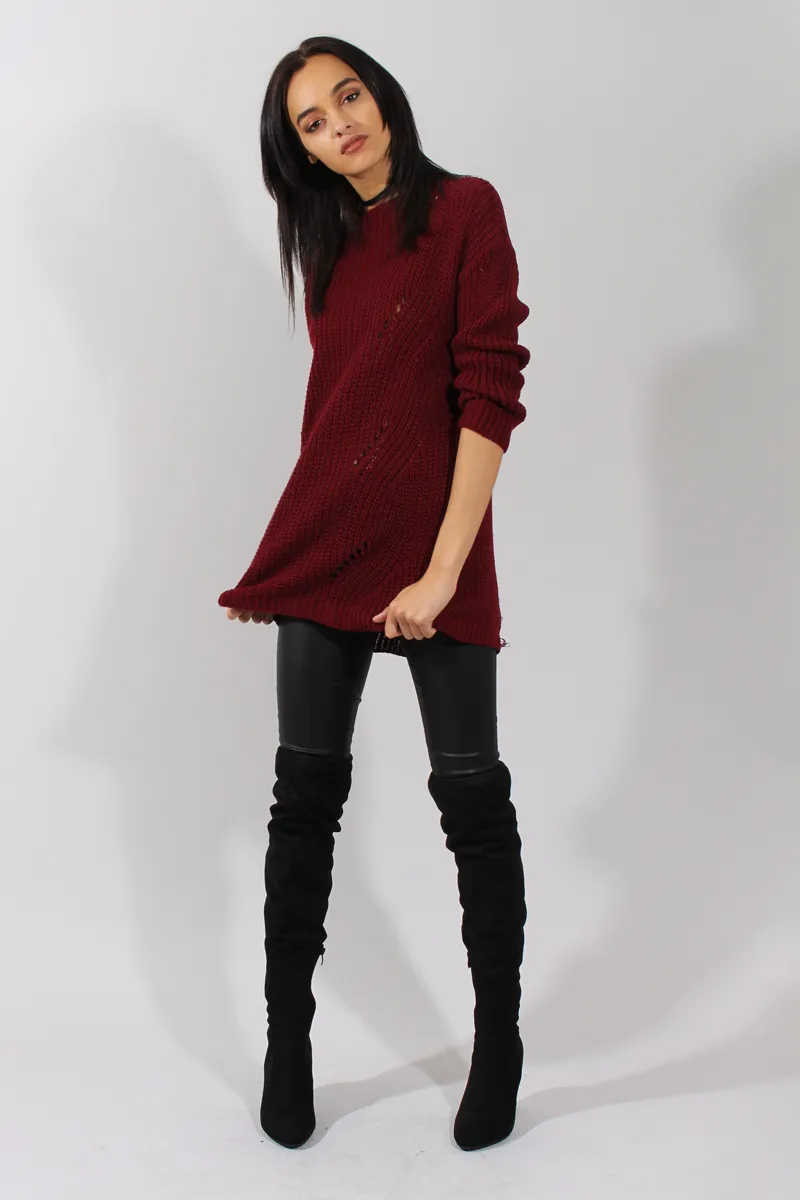 Red Knitted Distressed Back Jumper Dress - Cara