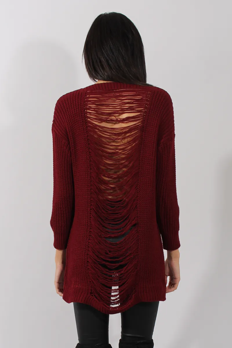 Red Knitted Distressed Back Jumper Dress - Cara