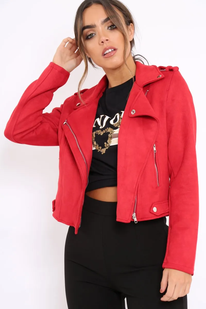 Red Suedette Biker Jacket - Rachel