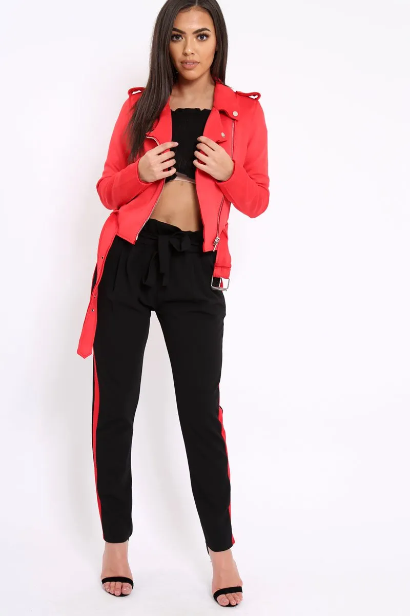 Red Suedette Biker Jacket with Waist Belt - Roxanne