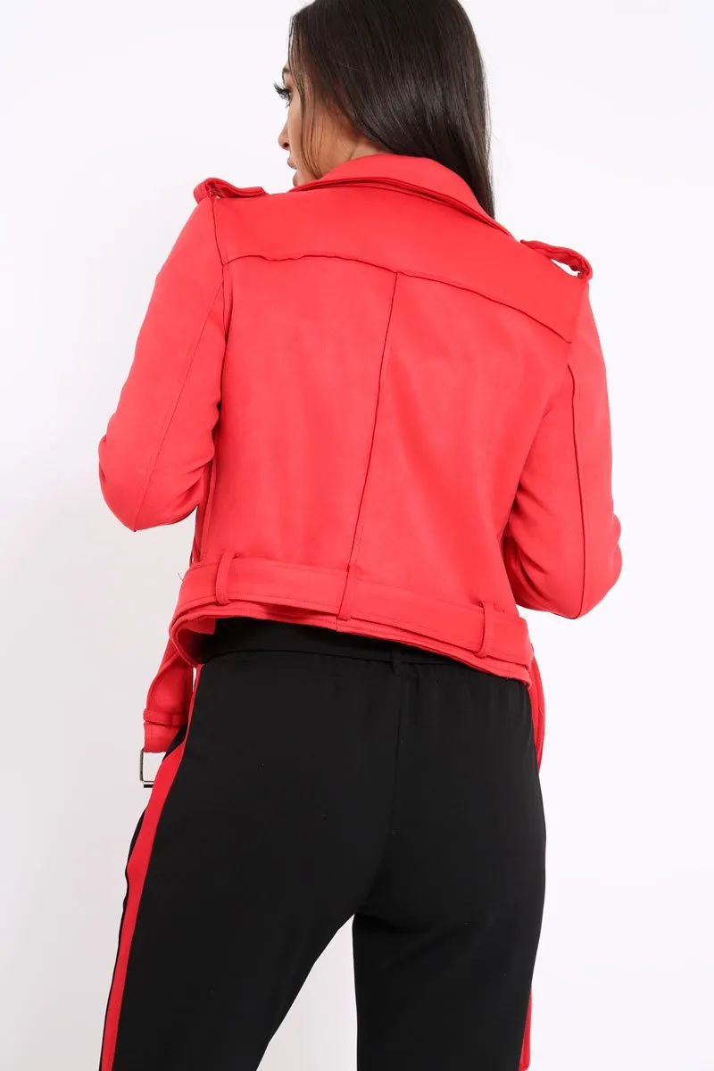 Red Suedette Biker Jacket with Waist Belt - Roxanne