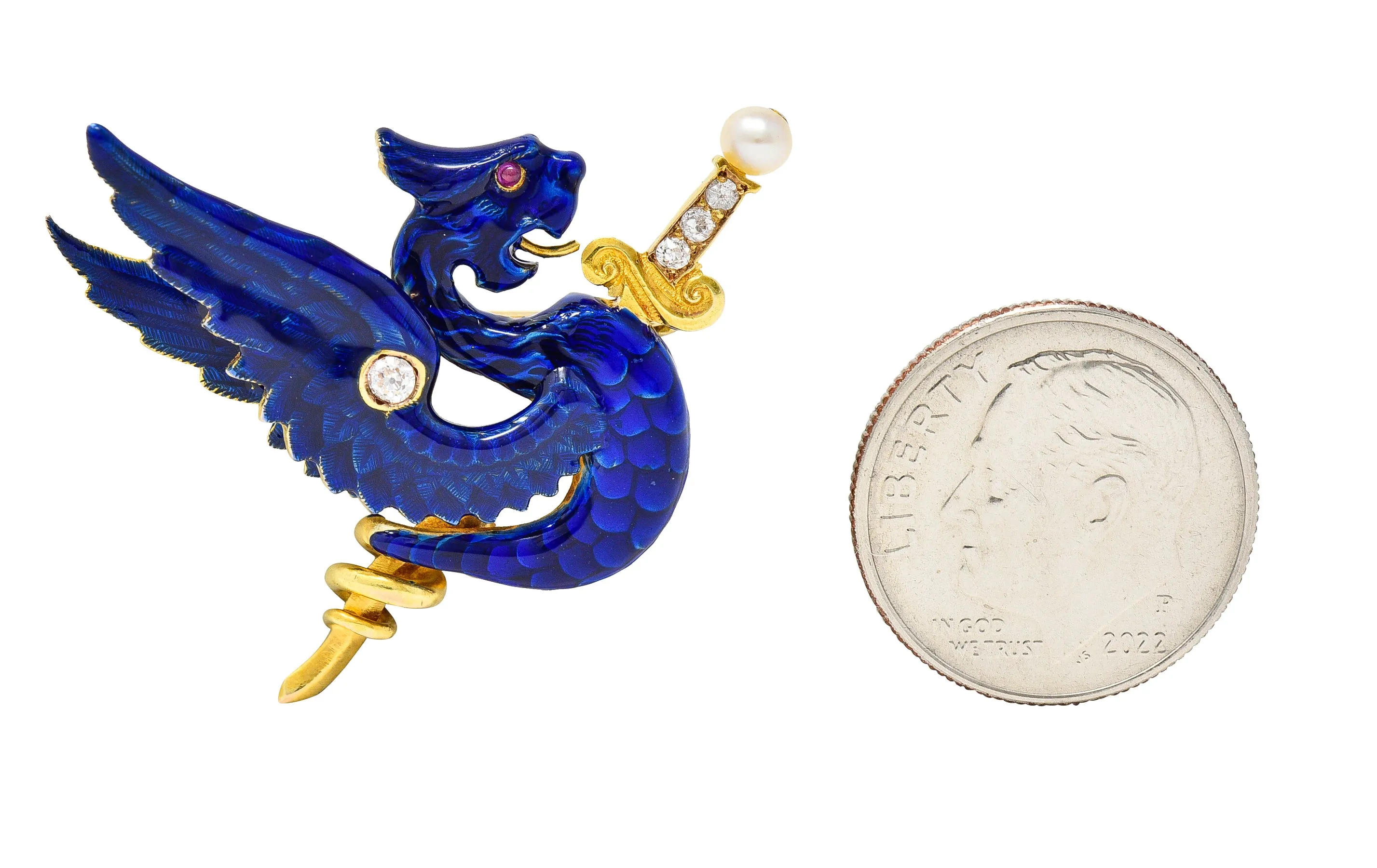 Riker Bros Art Nouveau Diamond Pearl Ruby Blue Enamel 14 Karat Gold Wyvern Serpent Dragon Sword Antique Unisex Brooch