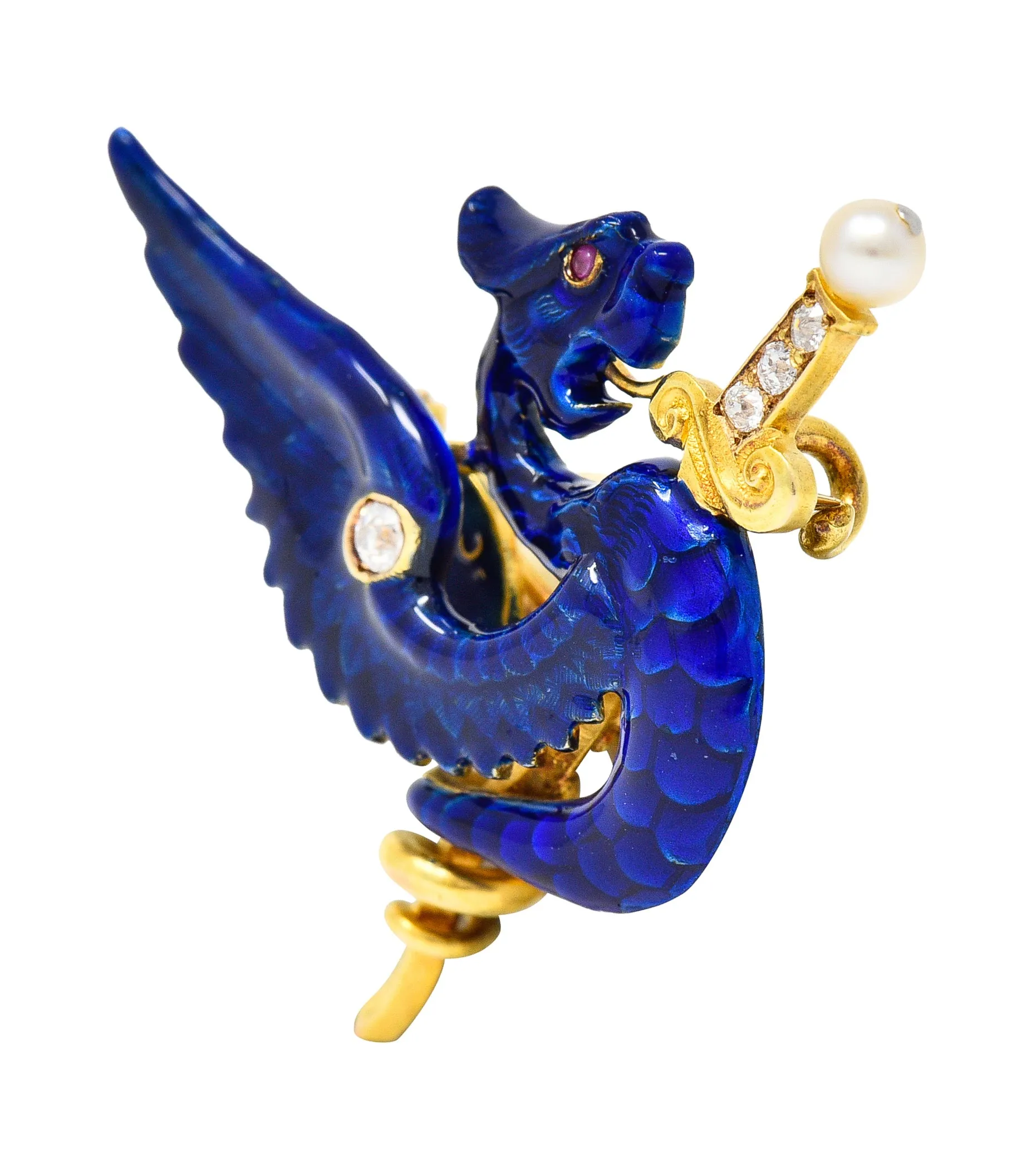 Riker Bros Art Nouveau Diamond Pearl Ruby Blue Enamel 14 Karat Gold Wyvern Serpent Dragon Sword Antique Unisex Brooch