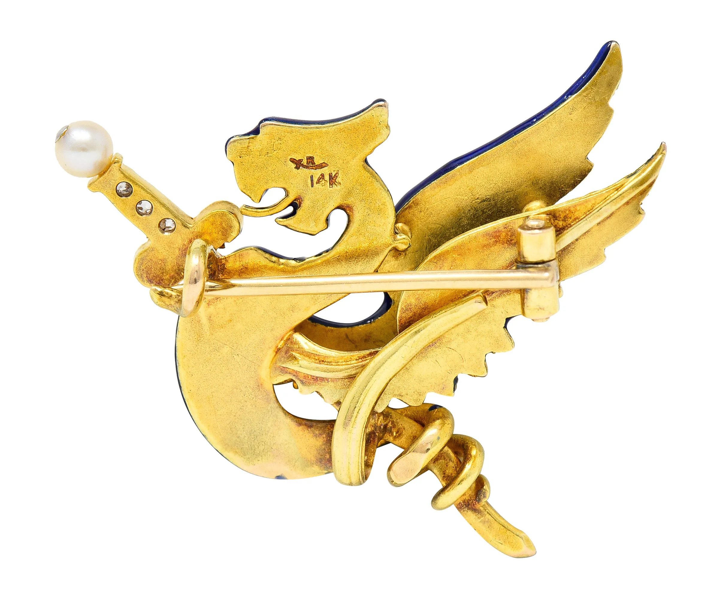 Riker Bros Art Nouveau Diamond Pearl Ruby Blue Enamel 14 Karat Gold Wyvern Serpent Dragon Sword Antique Unisex Brooch