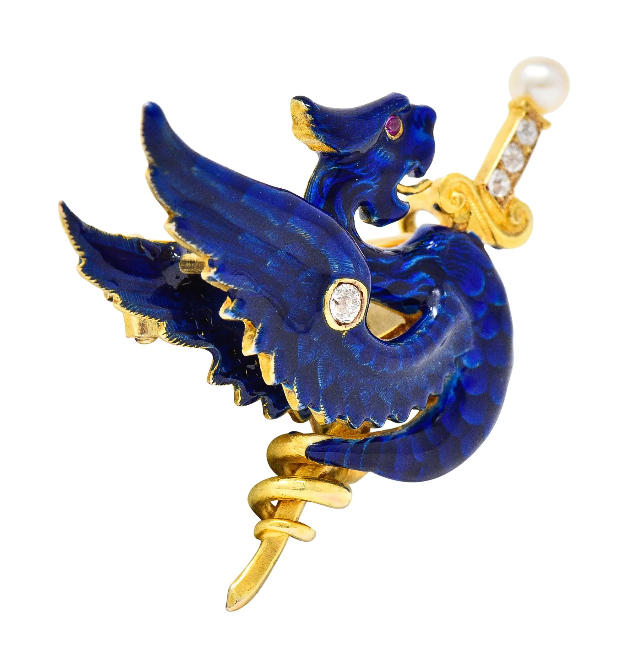 Riker Bros Art Nouveau Diamond Pearl Ruby Blue Enamel 14 Karat Gold Wyvern Serpent Dragon Sword Antique Unisex Brooch