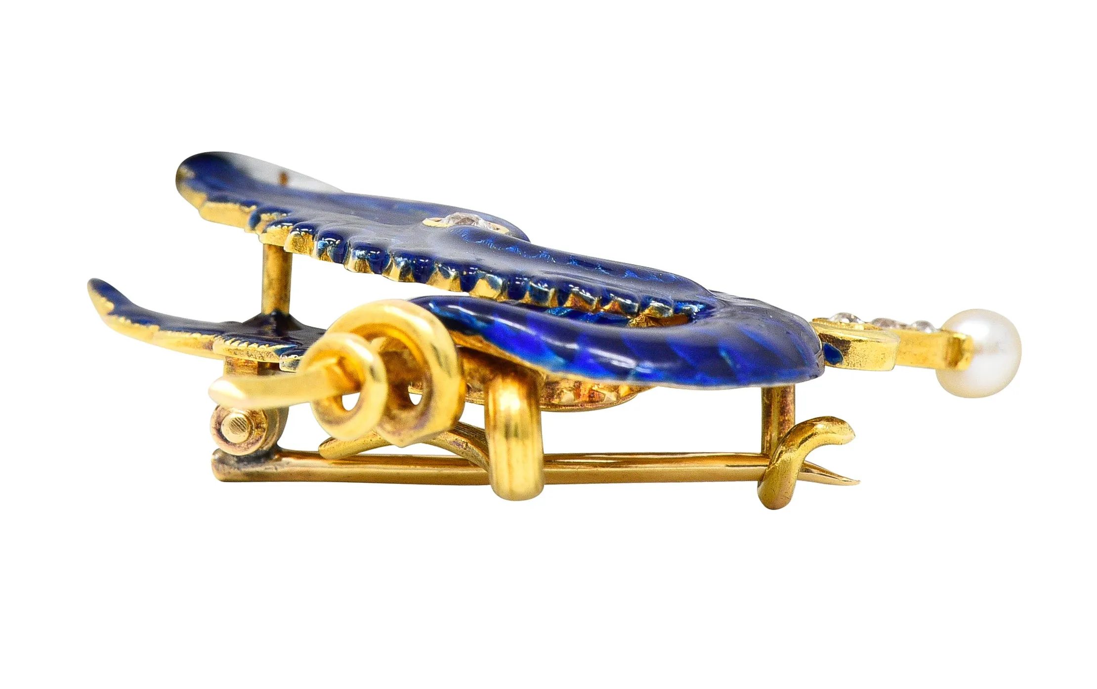 Riker Bros Art Nouveau Diamond Pearl Ruby Blue Enamel 14 Karat Gold Wyvern Serpent Dragon Sword Antique Unisex Brooch