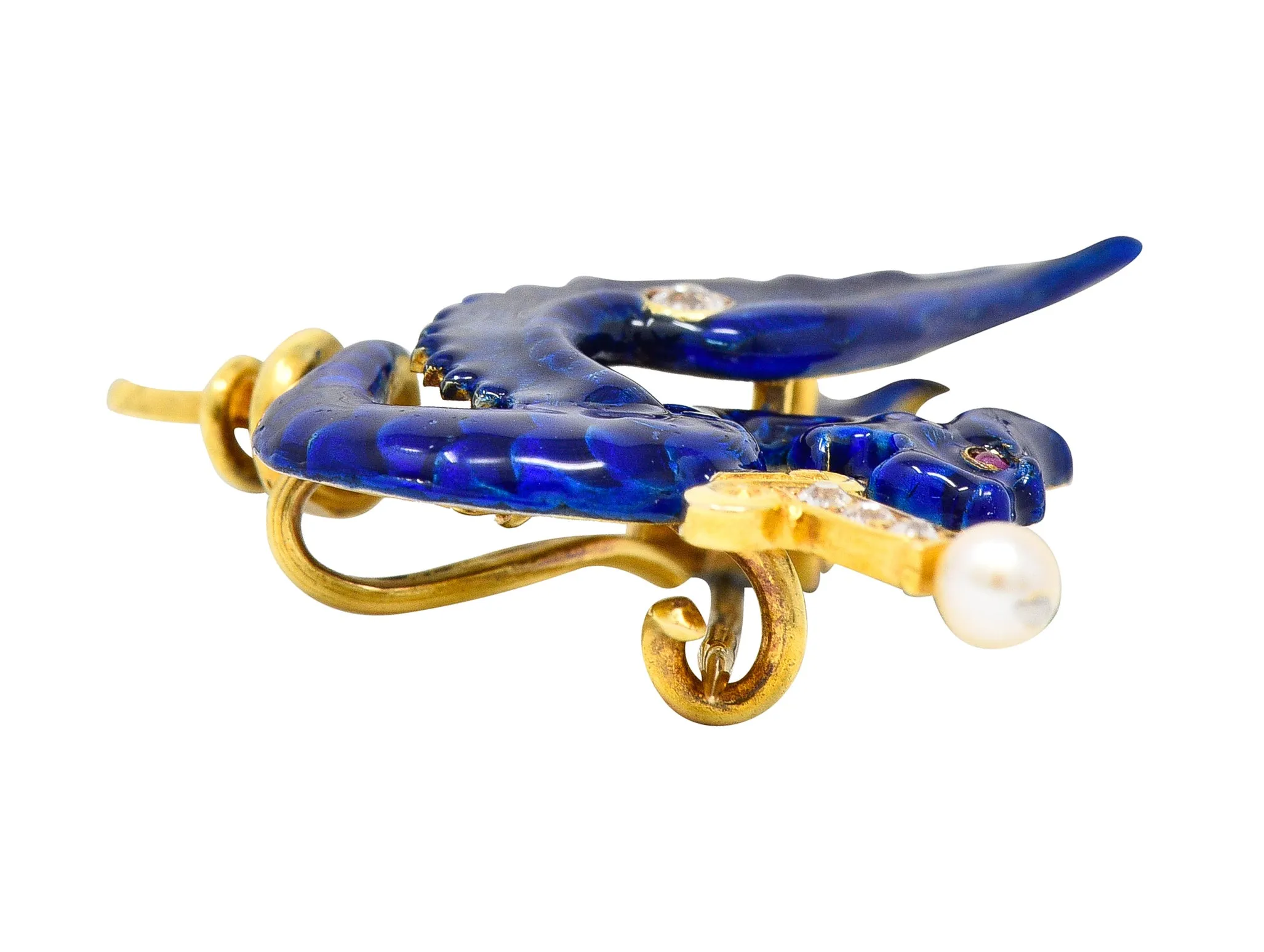 Riker Bros Art Nouveau Diamond Pearl Ruby Blue Enamel 14 Karat Gold Wyvern Serpent Dragon Sword Antique Unisex Brooch