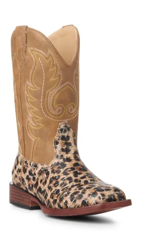 Roper Girl's Brown and Leopard with Gold Glitter Wide Square Toe Cowboy Boots