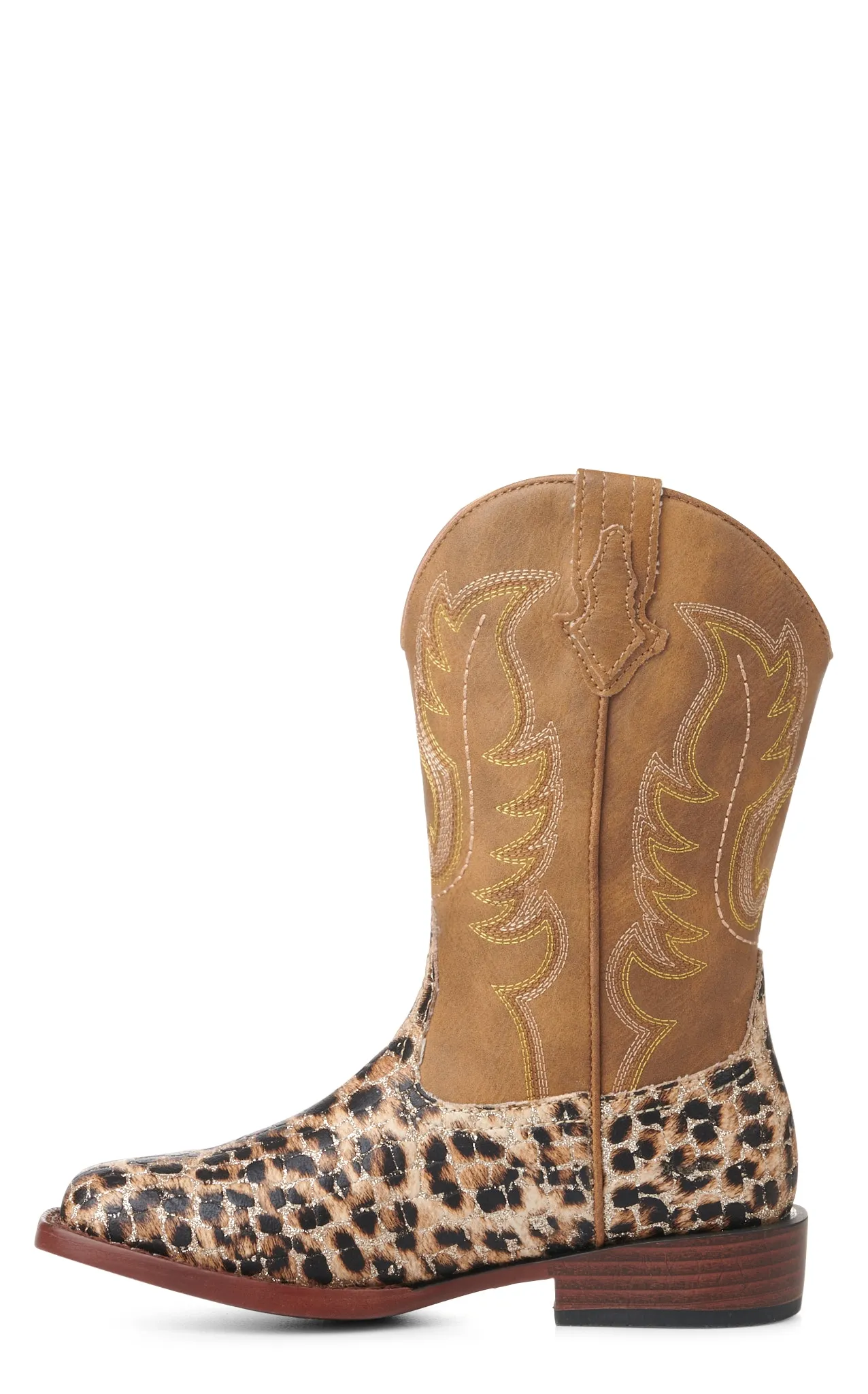 Roper Girl's Brown and Leopard with Gold Glitter Wide Square Toe Cowboy Boots