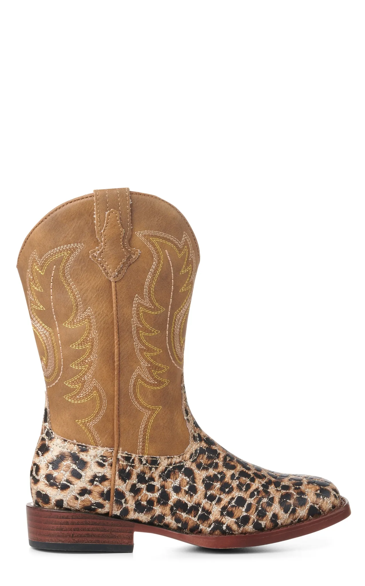 Roper Girl's Brown and Leopard with Gold Glitter Wide Square Toe Cowboy Boots