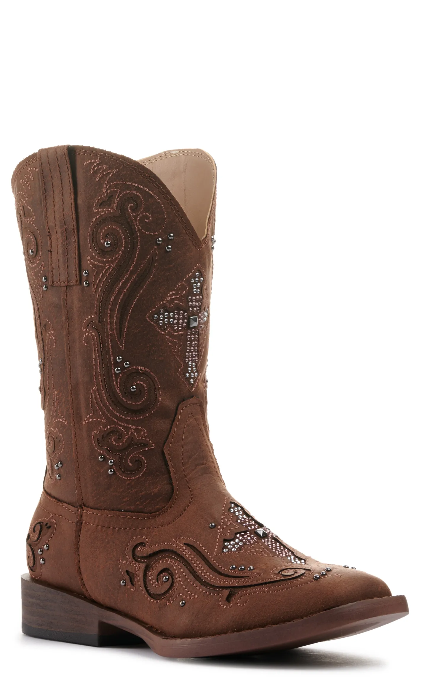 Roper Kids Brown with Crystal Cross & Studs Square Toe Cowboy Boots