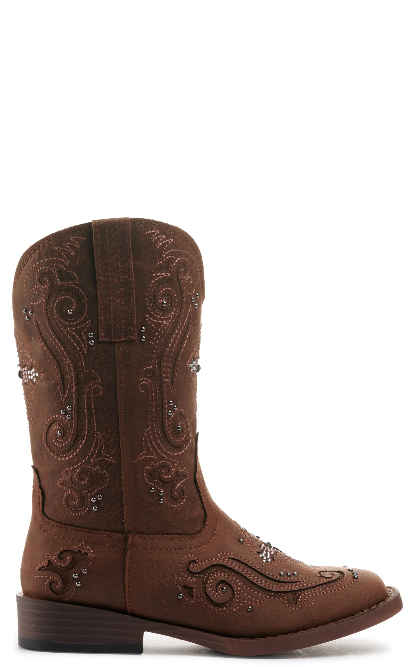 Roper Kids Brown with Crystal Cross & Studs Square Toe Cowboy Boots