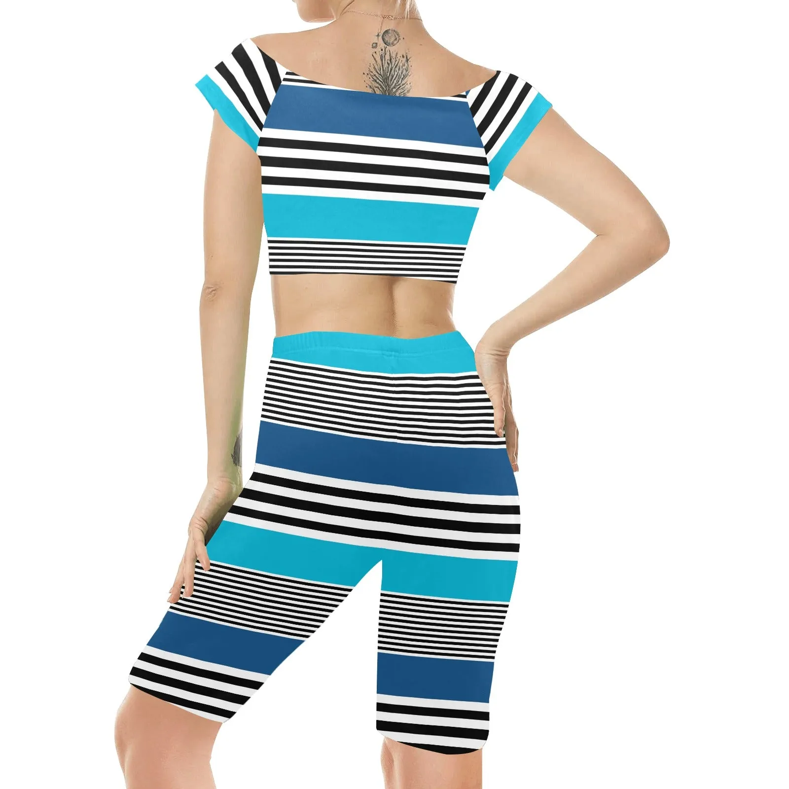 shades of blue bw stripe Women's Crop Top Yoga Set