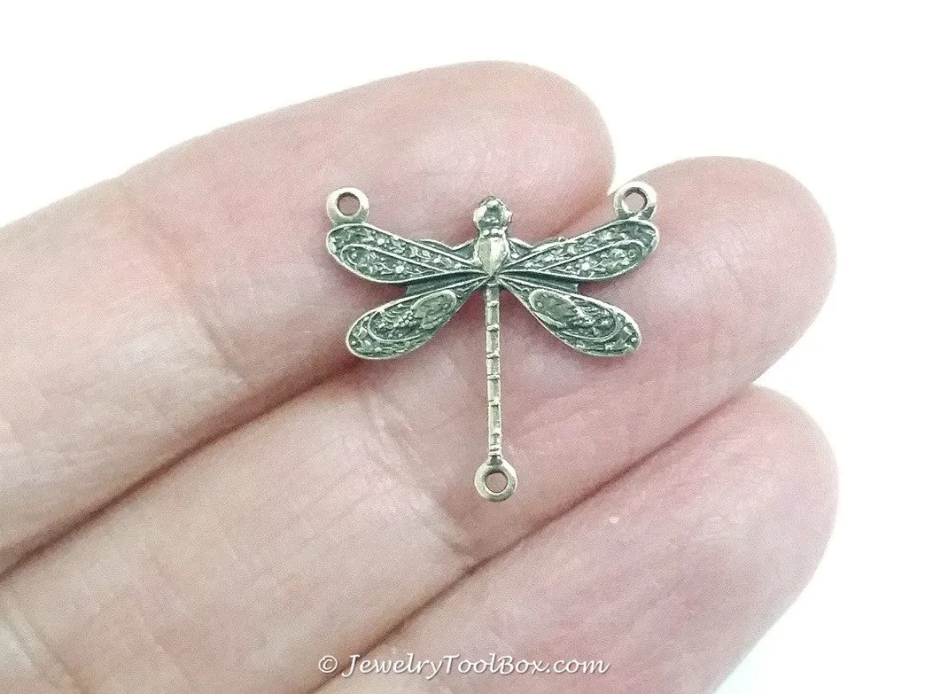 Small Antique Brass Dragonfly Pendant Connector Charm, 3 Loop, Lot Size 10, #03B