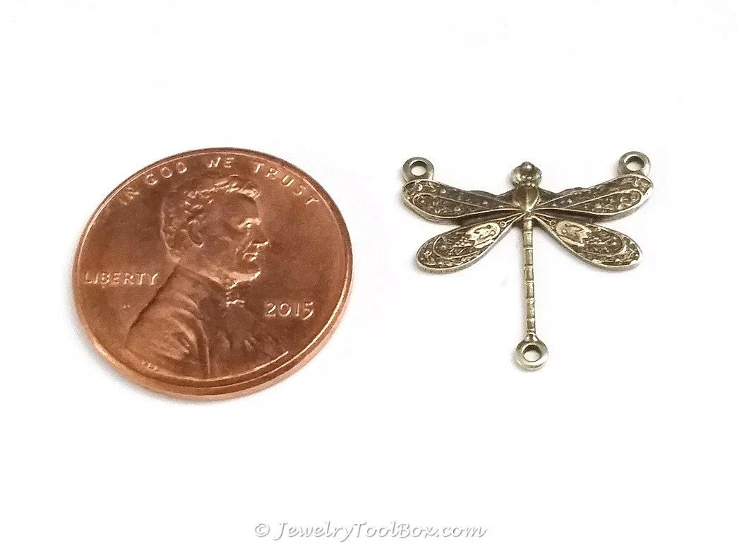 Small Antique Brass Dragonfly Pendant Connector Charm, 3 Loop, Lot Size 10, #03B