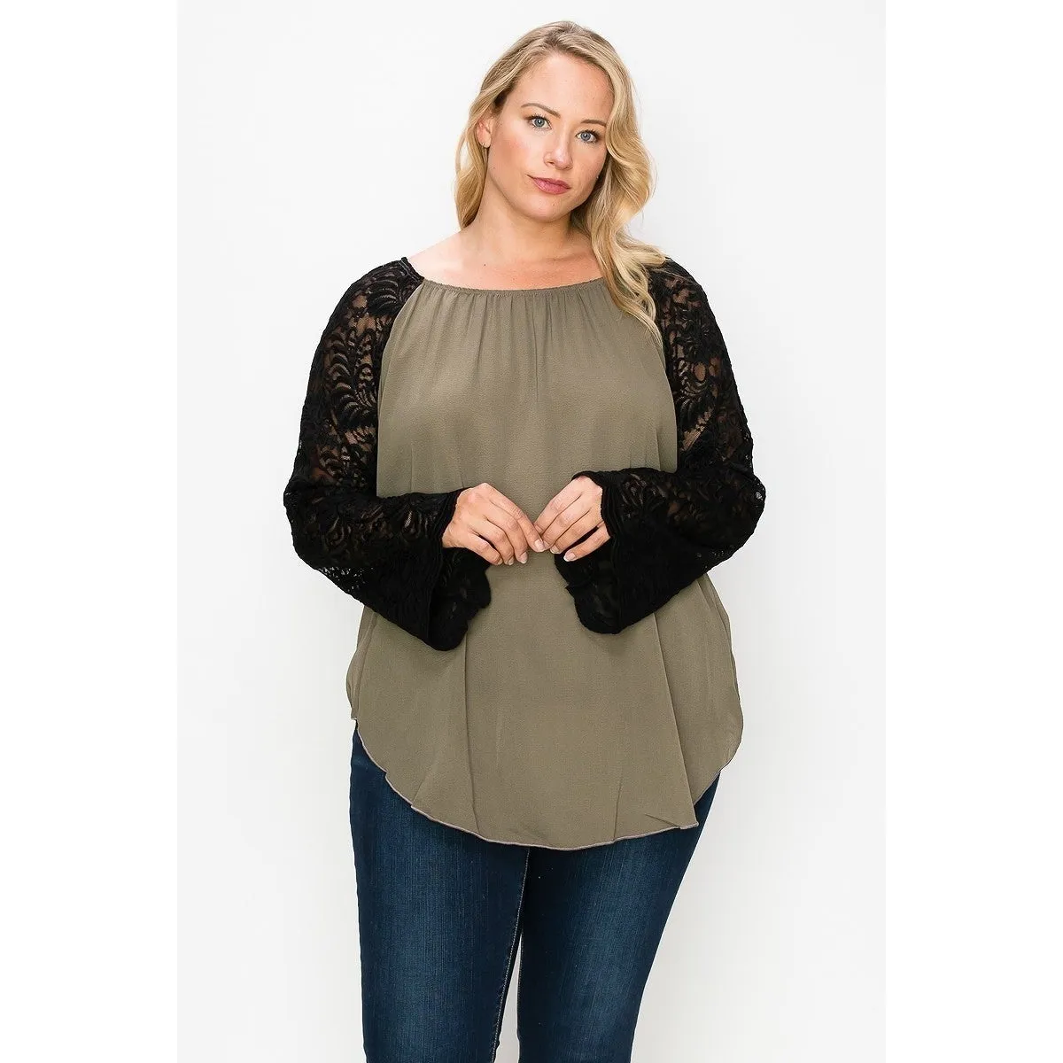 Solid Top Featuring Flattering Lace Bell Sleeves