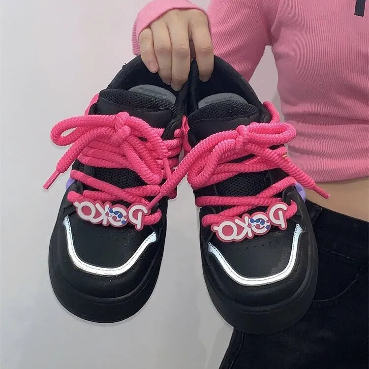 Stylish Black Pink Low Flats, Women’s Thick Lace Sneakers, Round Head Lace Up Shoes, Cute Platform Running Shoes, Athletic Skate