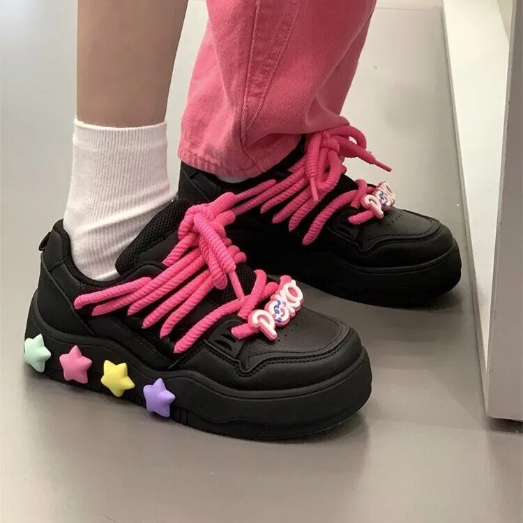 Stylish Black Pink Low Flats, Women’s Thick Lace Sneakers, Round Head Lace Up Shoes, Cute Platform Running Shoes, Athletic Skate