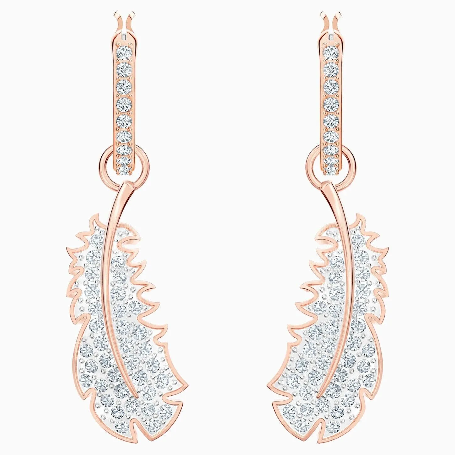 SWAROVSKI NICE Naughty Feather Hoop Earrings, White, Rose Gold Plated -5497872