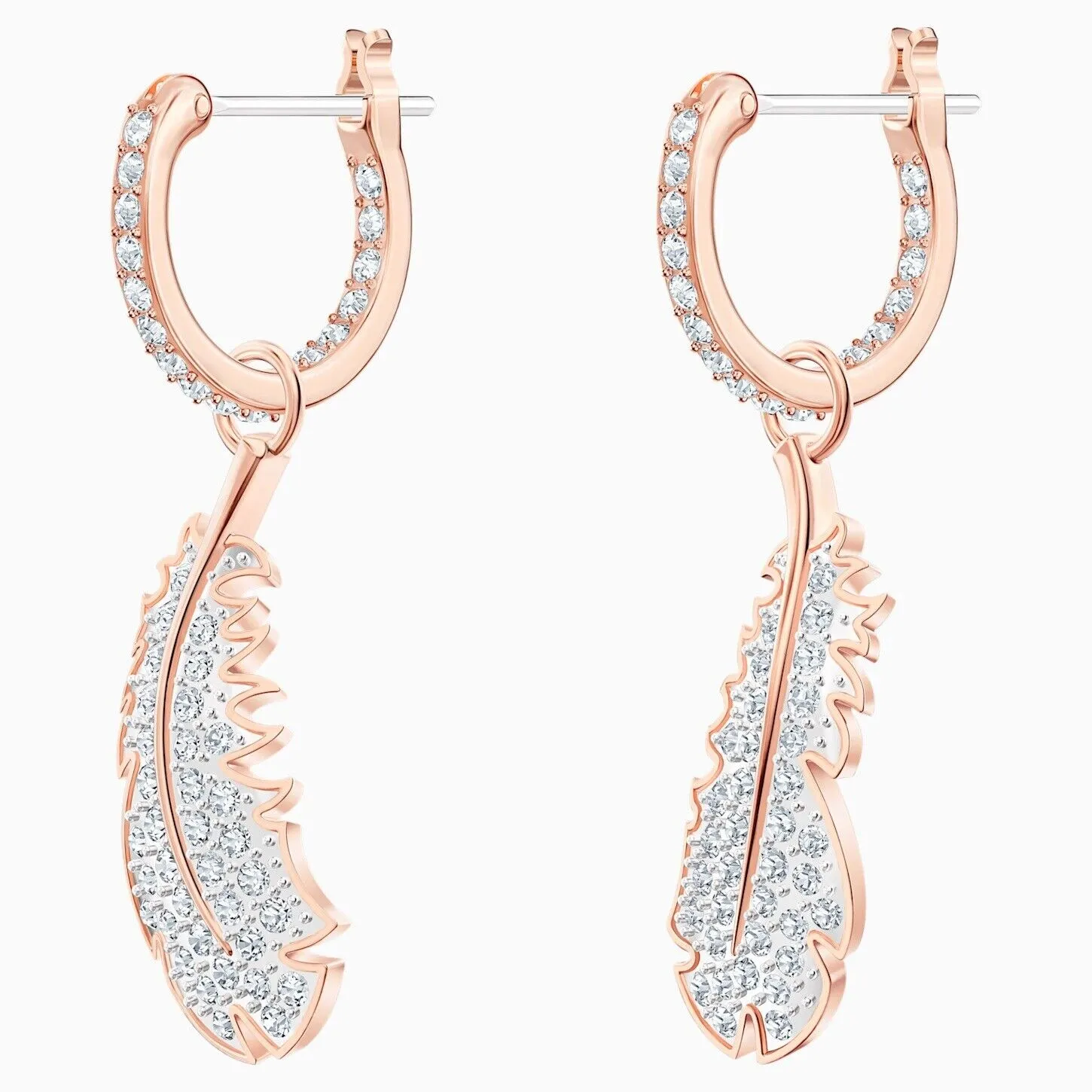 SWAROVSKI NICE Naughty Feather Hoop Earrings, White, Rose Gold Plated -5497872