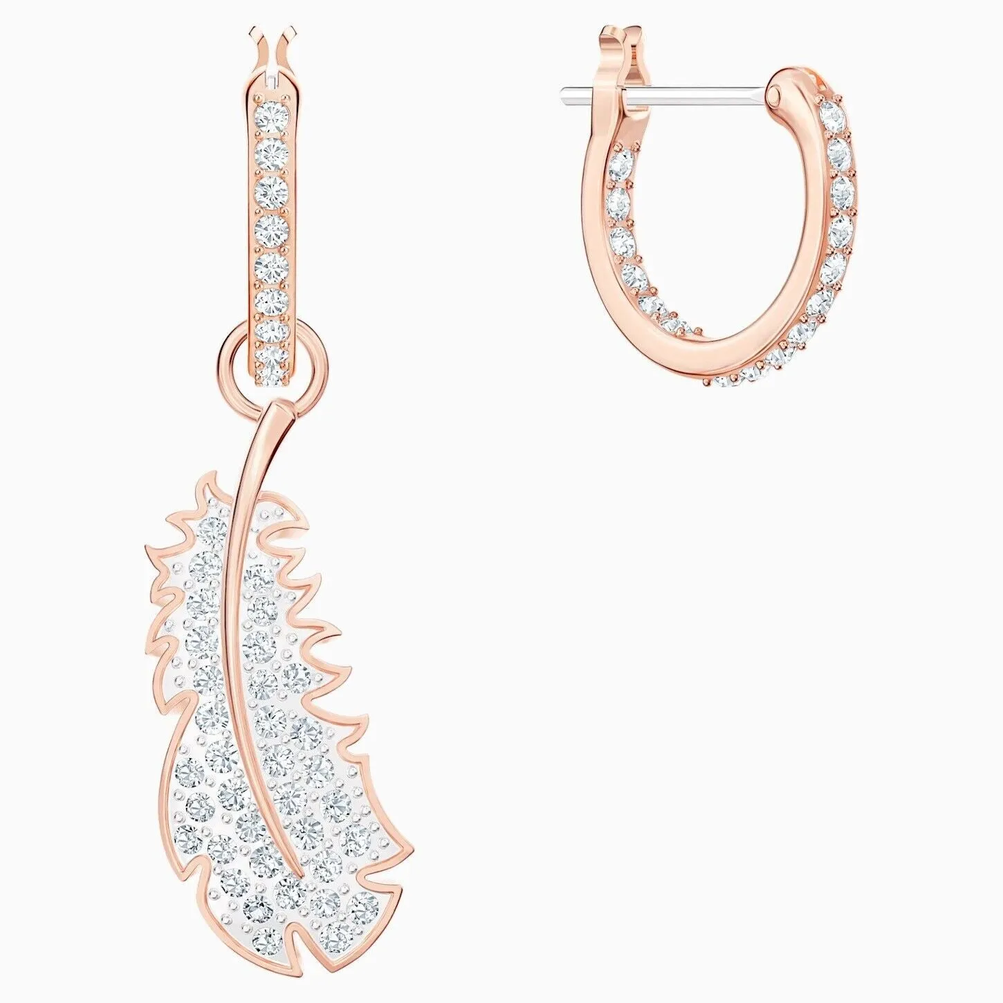 SWAROVSKI NICE Naughty Feather Hoop Earrings, White, Rose Gold Plated -5497872