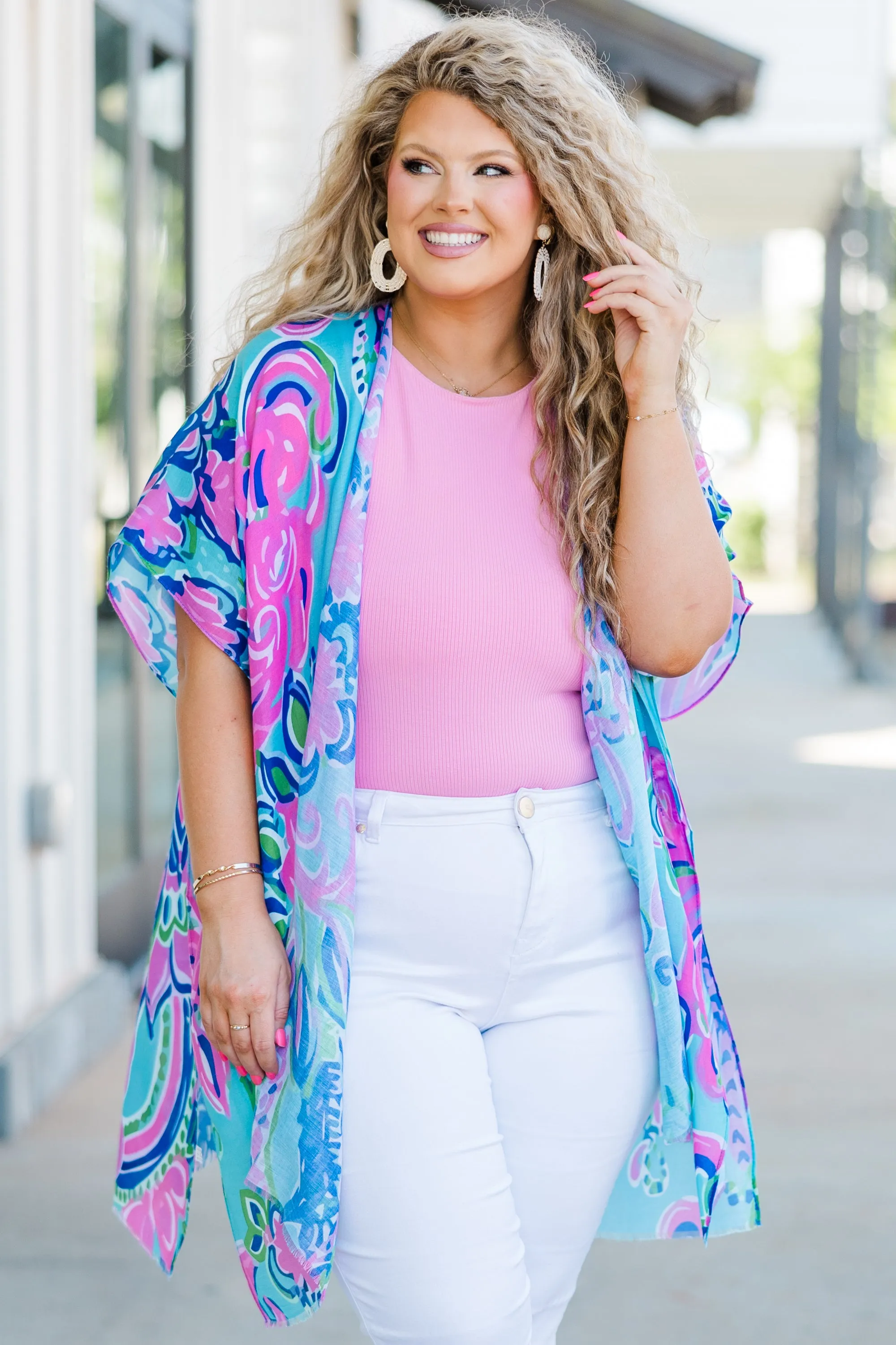 Tangled In Love Kimono, Blue-Pink