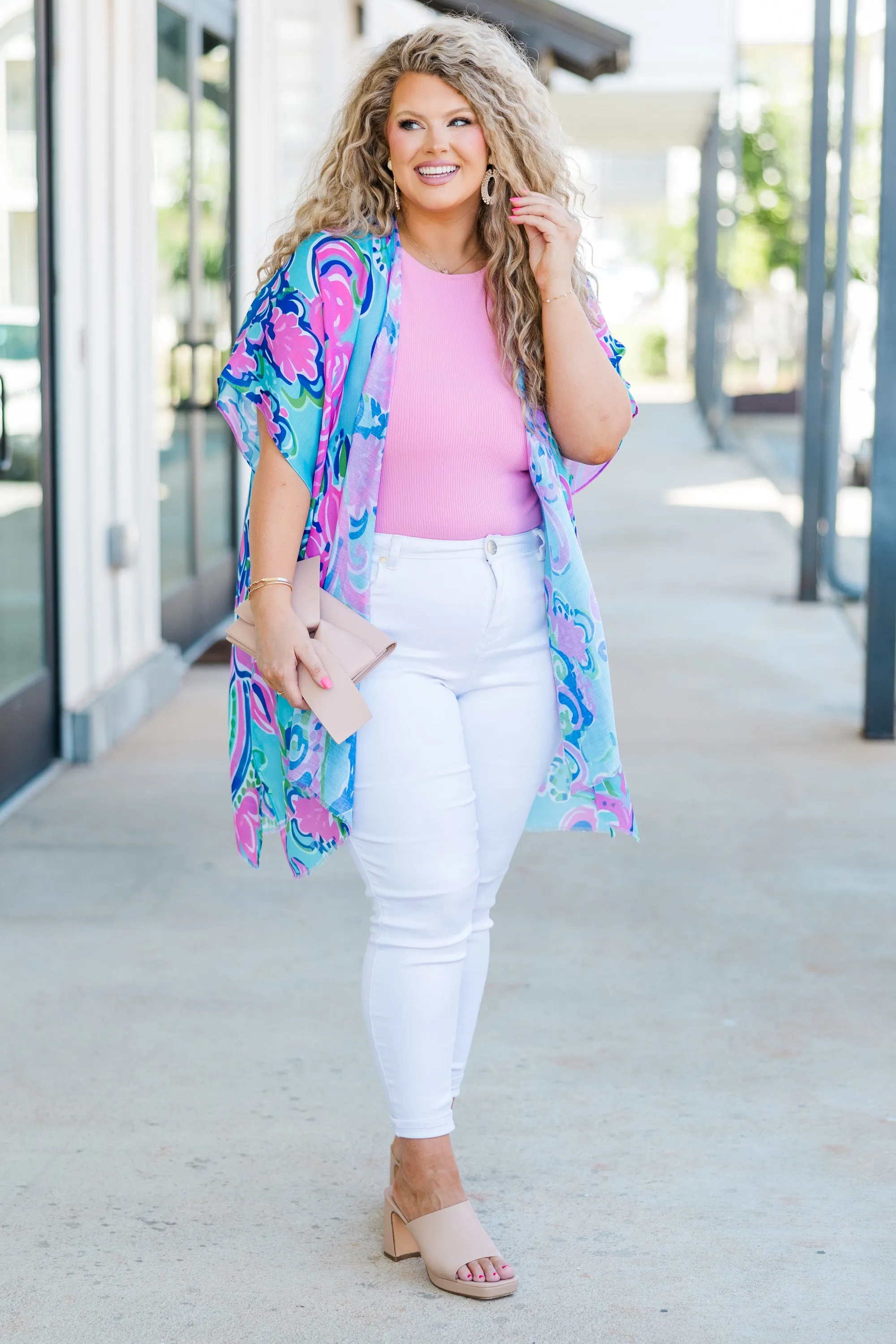 Tangled In Love Kimono, Blue-Pink