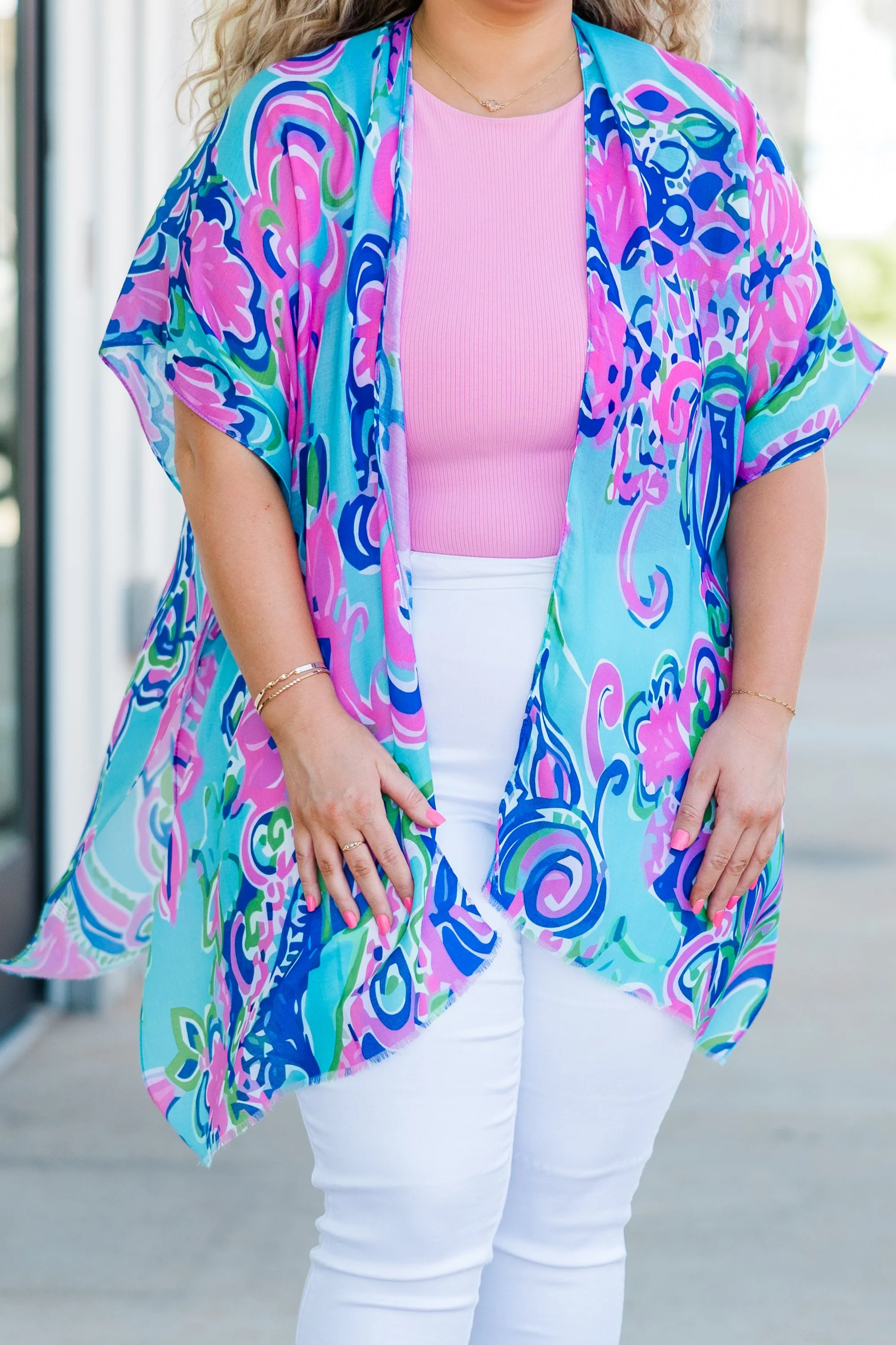 Tangled In Love Kimono, Blue-Pink