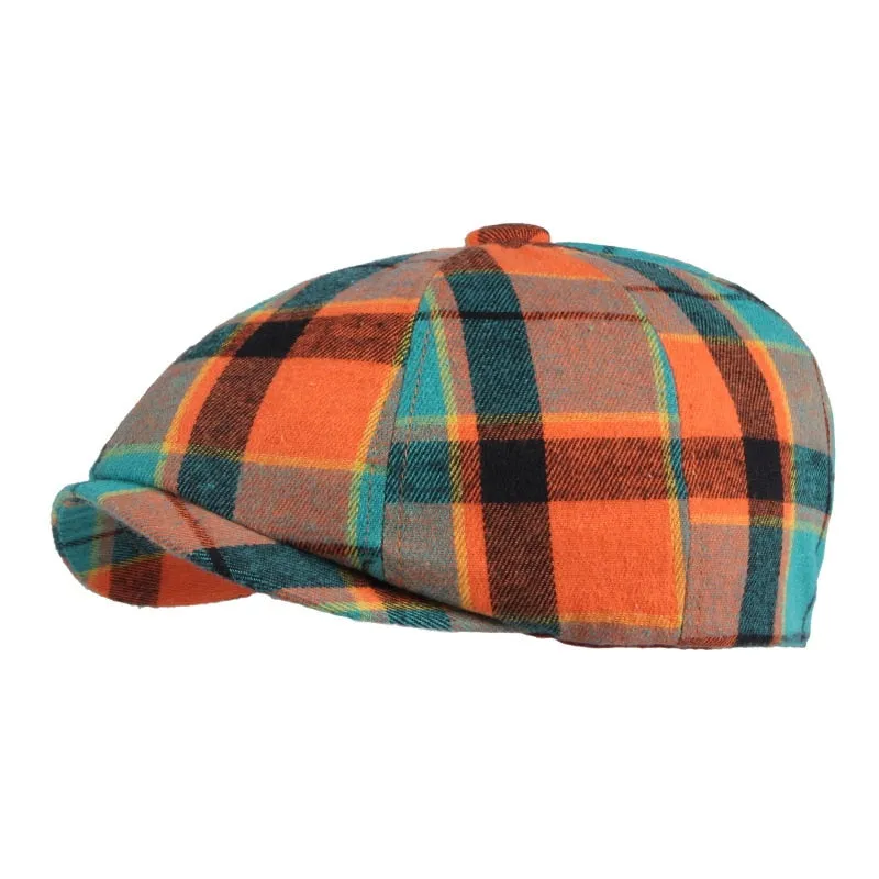 Unisex Casual Cotton Plaid Pattern Painter Octagonal News Boy Flat Cap