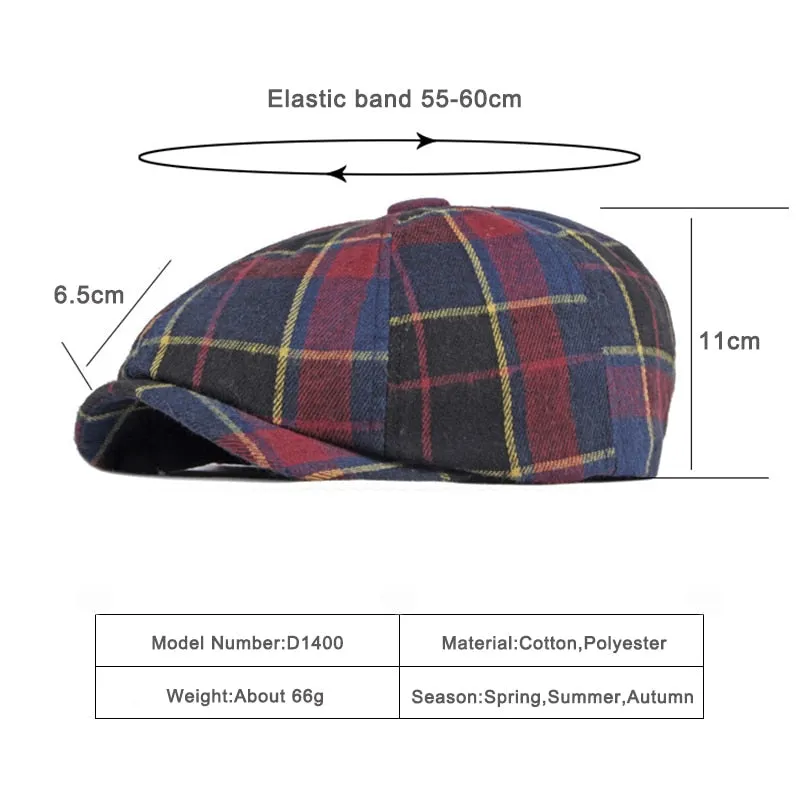 Unisex Casual Cotton Plaid Pattern Painter Octagonal News Boy Flat Cap