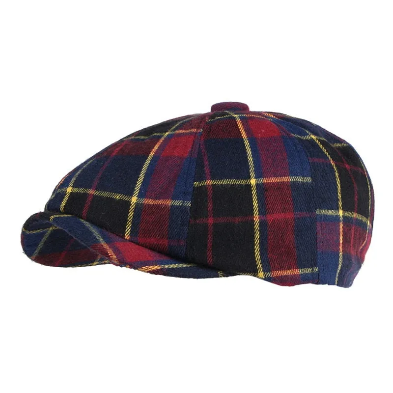 Unisex Casual Cotton Plaid Pattern Painter Octagonal News Boy Flat Cap