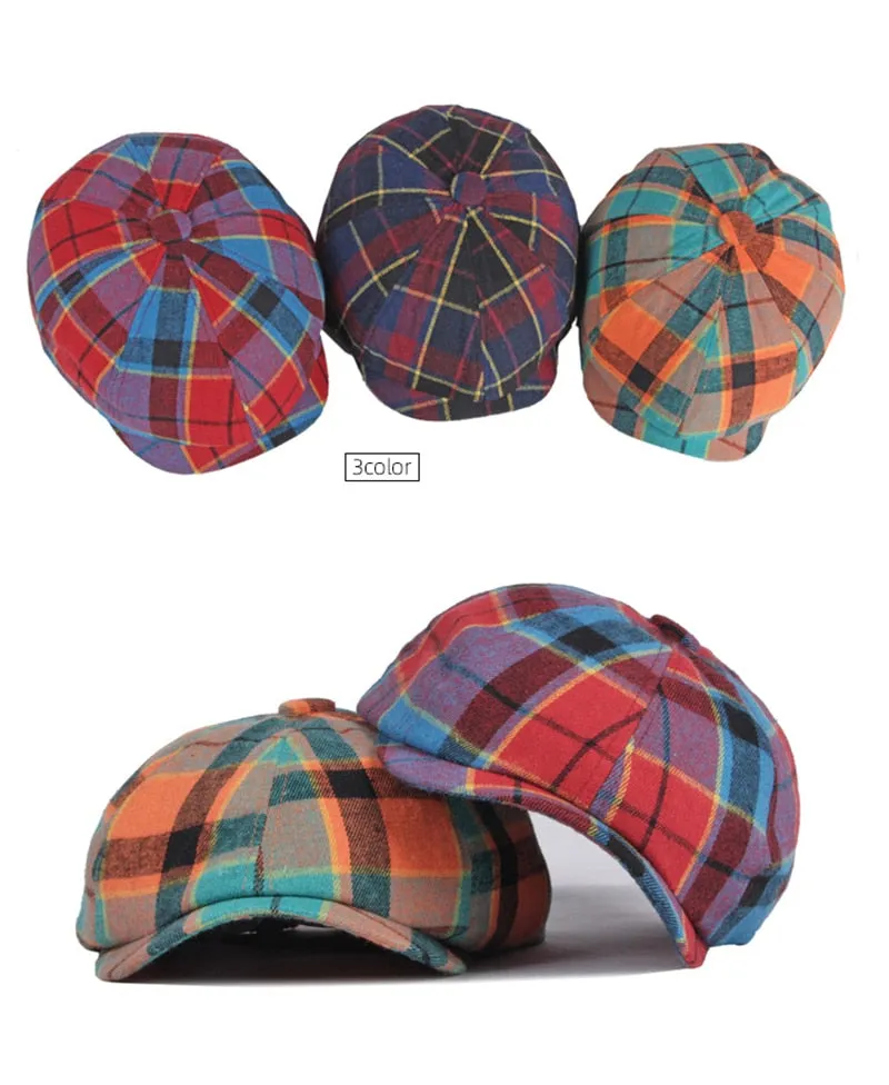 Unisex Casual Cotton Plaid Pattern Painter Octagonal News Boy Flat Cap