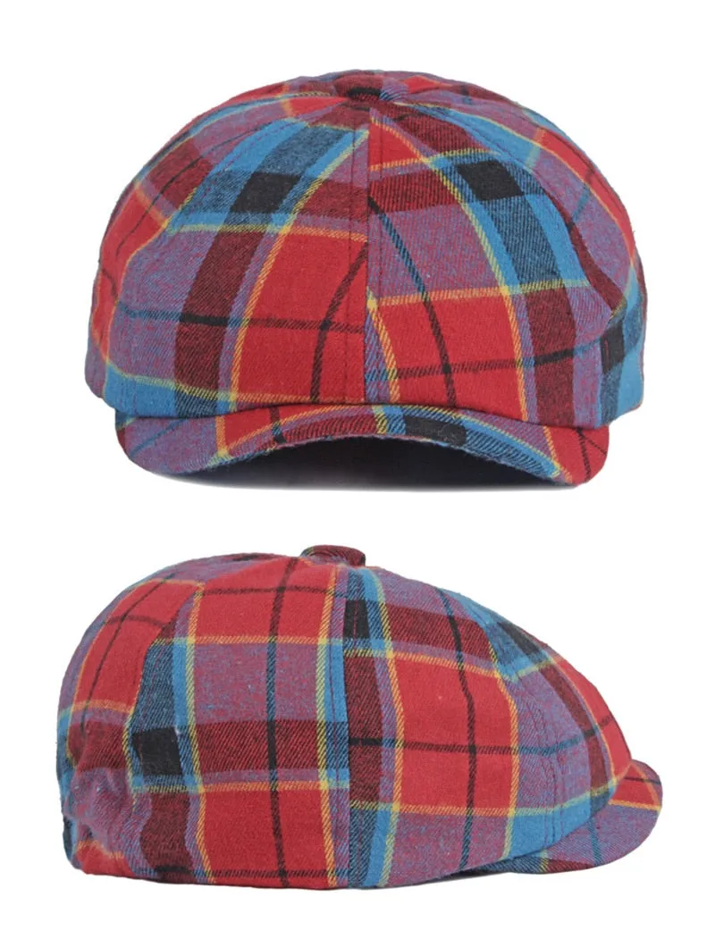 Unisex Casual Cotton Plaid Pattern Painter Octagonal News Boy Flat Cap