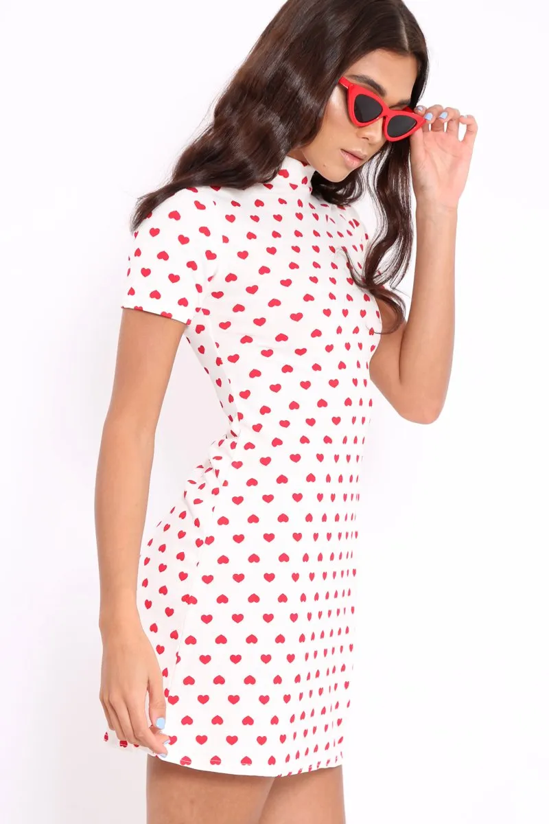 White and Red Heart Print Bodycon Dress - Jiselle