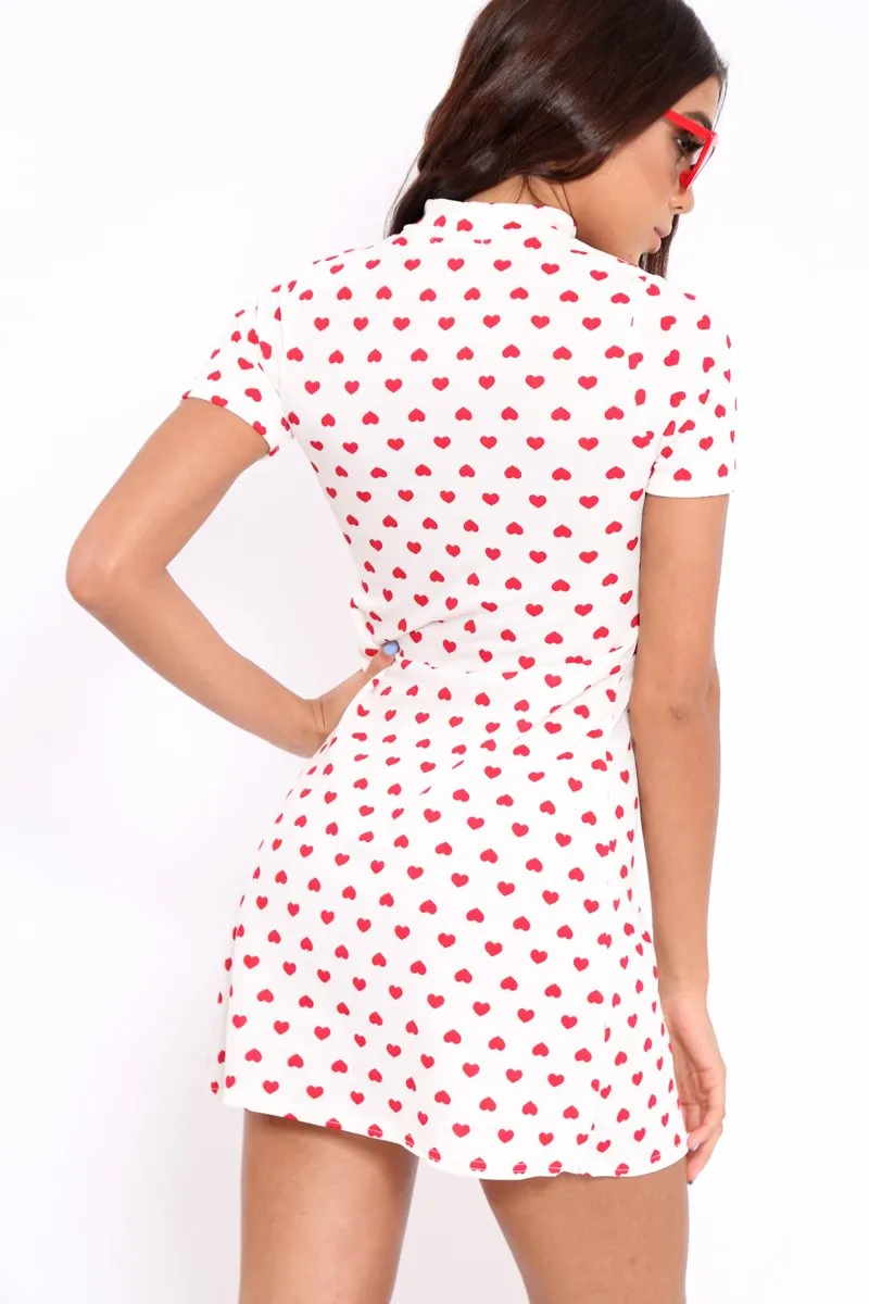 White and Red Heart Print Bodycon Dress - Jiselle