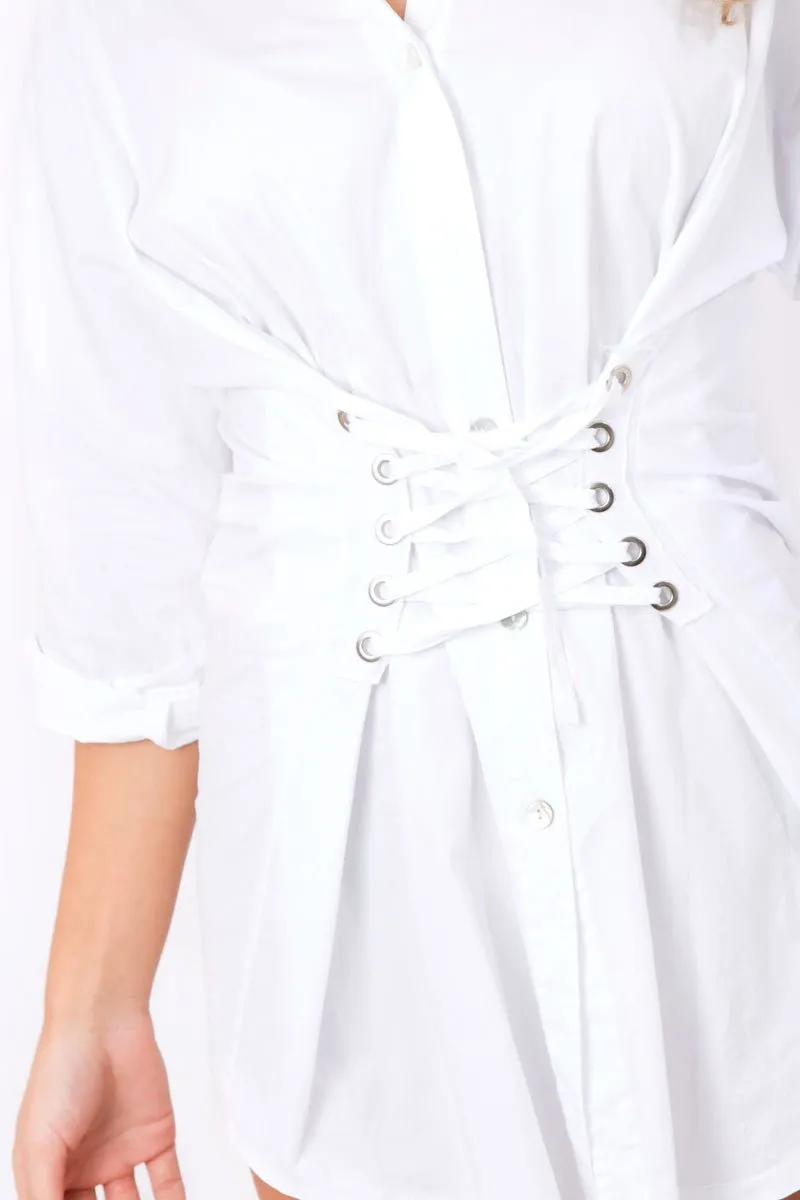 White Corset Front Shirt Dress - Malika