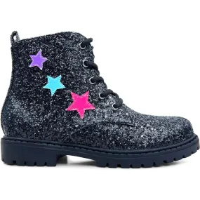 Yosi Samra Miss Christie Stars Applique Glitter Combat Boot, Black